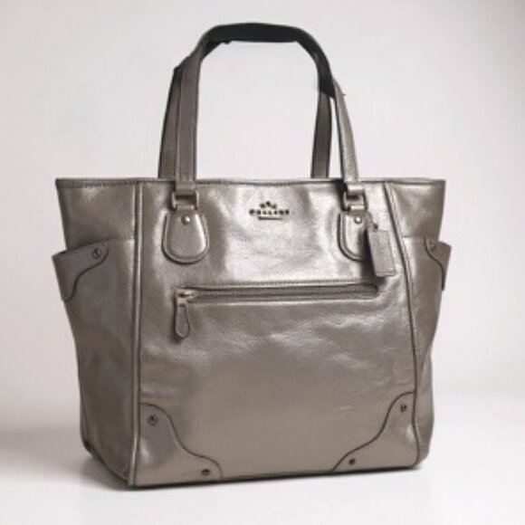 COACH AUTHENTICATED Metallic Leather Tote Shoulder Bag – Large Carryall, Silver/ - Picture 1 of 14